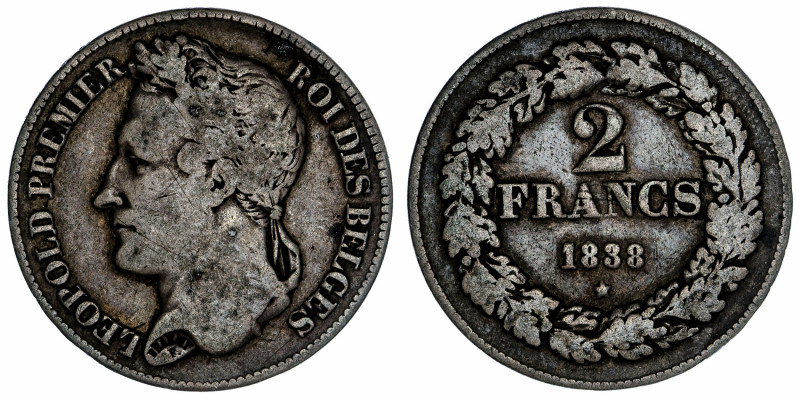 BELGIQUE
Léopold Ier (1831-1865). 2 francs, tête laurée 1838, Bruxelles.
M.18b...