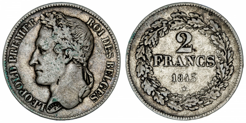 BELGIQUE
Léopold Ier (1831-1865). 2 francs, tête laurée 1843, Bruxelles.
M.20b...