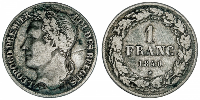 BELGIQUE
Léopold Ier (1831-1865). 1 franc, tête laurée 1840, Bruxelles.
M.26 ;...