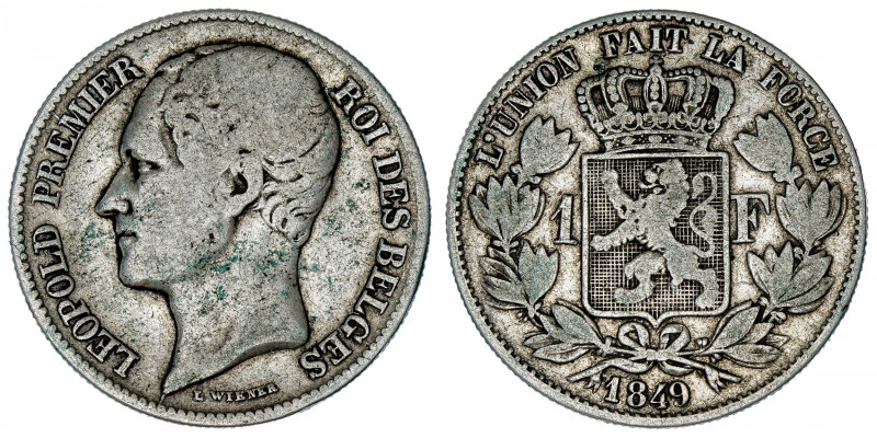 BELGIQUE
Léopold Ier (1831-1865). 1 franc, tête nue 1849, Bruxelles.
M.52 ; Ar...