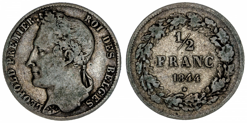 BELGIQUE
Léopold Ier (1831-1865). 1/2 franc, tête laurée 1844, Bruxelles.
M.34...