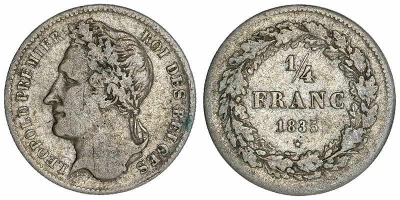 BELGIQUE
Léopold Ier (1831-1865). 1/4 franc, tête laurée 1835, Bruxelles.
M.36...