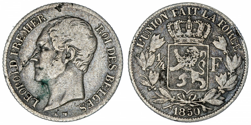 BELGIQUE
Léopold Ier (1831-1865). 1/4 franc, tête nue 1850, Bruxelles.
M.57a ;...