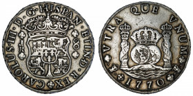 BOLIVIE
Charles III (1759-1788). 8 réaux 1770 JR, Potosi.
KM.50 ; Argent - 26,92 g - 39 mm - 12 h 
Nettoyé. TTB.