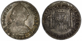 BOLIVIE
Charles III (1759-1788). 8 réaux 1779 PR, Potosi.
KM.55 ; Argent - 26,85 g - 40 mm - 12 h 
TB à TTB.