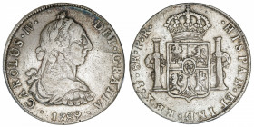 BOLIVIE
Charles IV (1788-1808). 8 réaux 1789 PR, Potosi.
KM.64 ; Argent - 26,51 g - 41 mm - 12 h 
TB.