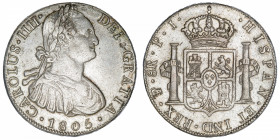 BOLIVIE
Charles IV (1788-1808). 8 réaux 1805 PJ, Potosi.
KM.73 ; Argent - 27,05 g - 39 mm - 12 h 
Nettoyé. TTB.