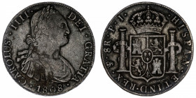 BOLIVIE
Charles IV (1788-1808). 8 réaux 1808 PJ, Potosi.
KM.73 ; Argent - 26,87 g - 39 mm - 12 h 
TB.