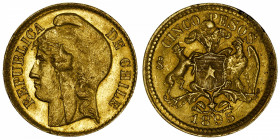 CHILI
République. 5 pesos 1895, Santiago.
Fr.50 ; Or - 3,03 g - 17 mm - 6 h 
Superbe.