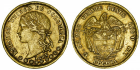 COLOMBIE
Colombie (États-Unis de) (1863-1886). 20 pesos 1863, Bogota.
Fr.99 ; Or - 32,16 g - 34 mm - 6 h 
Choc sur la tranche à 11 h. TTB.