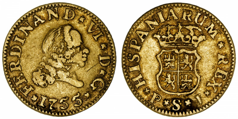 ESPAGNE
Ferdinand VI (1746-1759). 1/2 escudo 1755, S, Séville.
Fr.275 ; Or - 1...