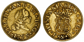 ESPAGNE
Ferdinand VI (1746-1759). 1/2 escudo 1755, S, Séville.
Fr.275 ; Or - 1,76 g - 14,5 mm - 12 h 
TB.