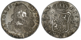 ESPAGNE
Charles IV (1788-1808). 8 réaux 1803 CN, S, Séville.
KM.432.2 ; Argent - 26,73 g - 39 mm - 12 h 
Rare. TB.