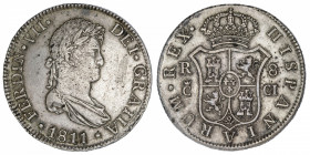 ESPAGNE
Ferdinand VII (1808-1833). 8 réaux 1811 CI, Cadix.
KM.466.2 ; Argent - 27,48 g - 40 mm - 12 h 
Rare. TTB.