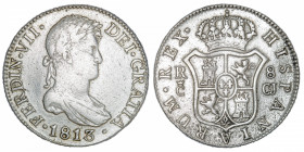 ESPAGNE
Ferdinand VII (1808-1833). 8 réaux 1813 CJ, Cadix.
KM.466.2 ; Argent - 26,92 g - 39 mm - 12 h 
Nettoyé. TB.