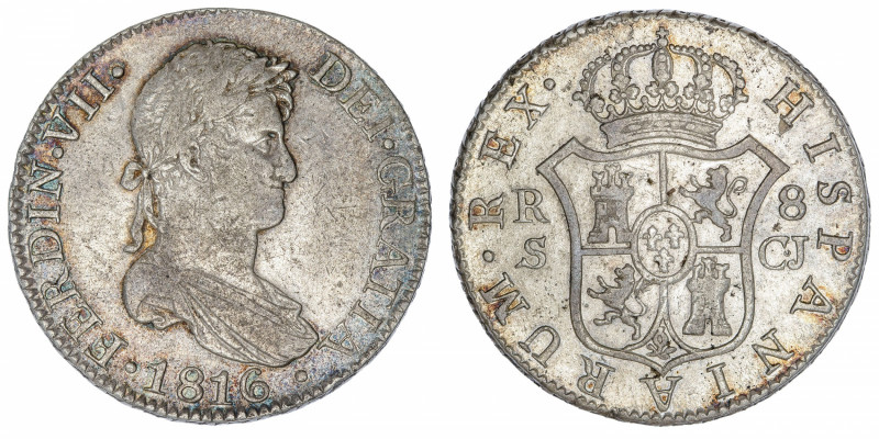 ESPAGNE
Ferdinand VII (1808-1833). 8 réaux 1816 CJ, Séville.
KM.466.4 ; Argent...