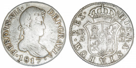 ESPAGNE
Ferdinand VII (1808-1833). 8 réaux 1817 CJ, Séville.
KM.466.4 ; Argent - 26,68 g - 38 mm - 12 h 
B à TB.