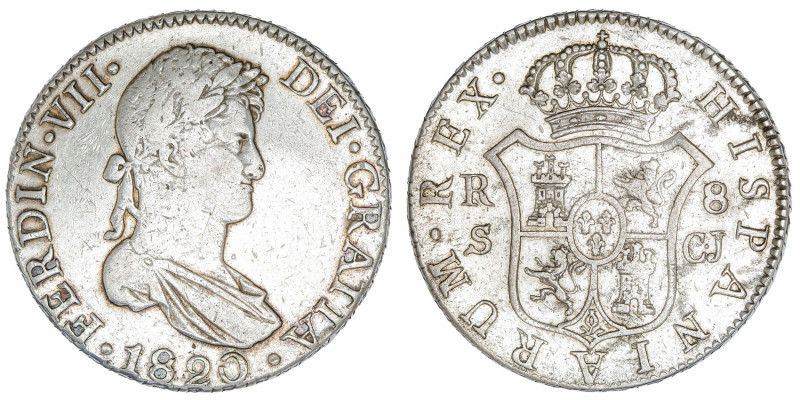 ESPAGNE
Ferdinand VII (1808-1833). 8 réaux 1820 CJ, Séville.
KM.466.4 ; Argent...