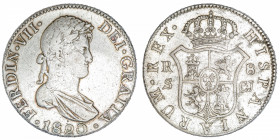 ESPAGNE
Ferdinand VII (1808-1833). 8 réaux 1820 CJ, Séville.
KM.466.4 ; Argent - 26,99 g - 38 mm - 12 h 
Nettoyé. TB.