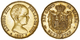 ESPAGNE
Alphonse XIII (1886-1931). 20 pesetas 1890 (90), Madrid.
Fr.345 ; Or - 6,44 g - 21 mm - 6 h 
TTB.