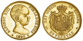 ESPAGNE
Alphonse XIII (1886-1931). 20 pesetas 1890 (90), Madrid.
Fr.345 ; Or - 6,46 g - 21 mm - 6 h 
Superbe.