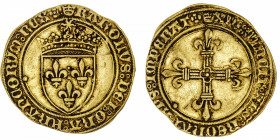 FRANCE / CAPÉTIENS
Charles VIII (1483-1498). Écu d’or au soleil, 1ère émission ND (1483), Saint-Lô.
Dy.575 - Fr.318 ; Or - 3,38 g - 27 mm - 4 h 
TT...