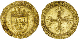 FRANCE / CAPÉTIENS
Charles VIII (1483-1498). Écu d’or au soleil, 1ère émission ND (1483), Saint-Lô.
Dy.575 - Fr.318 ; Or - 3,33 g - 26 mm - 4 h 
Ag...