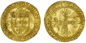 FRANCE / CAPÉTIENS
Charles VIII (1483-1498). Écu d’or au soleil, 2e émission ND (1494), Paris.
Dy.575A - Fr.318 ; Or - 3,39 g - 26 mm - 5 h 
TTB....