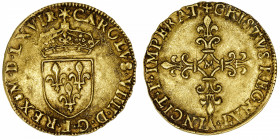 FRANCE / CAPÉTIENS
Charles IX (1560-1574). Écu d’or au soleil 1566, M, Toulouse.
Dy.1057 - Fr.378 ; Or - 3,37 g - 25 mm - 9 h 
Belle qualité pour c...