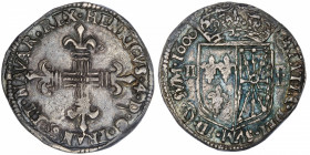 FRANCE / CAPÉTIENS
Henri IV (1589-1610). Quart d’écu de Navarre 1600, Saint-Palais.
Dy.1238 ; Argent - 9,53 g - 29 mm - 9 h 
TTB.