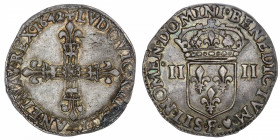 FRANCE / CAPÉTIENS
Louis XIII (1610-1643). Quart d’écu à la croix fleurdelisée 1642, F, Angers.
G.27 ; Argent - 9,60 g - 29 mm - 11 h 
Agréable mon...
