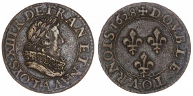 FRANCE / CAPÉTIENS
Louis XIII (1610-1643). Double tournois, buste juvénile au col fraisé 1628, A, Paris.
G.9a ; Cuivre - 3,12 g - 20 mm - 6 h 
TTB....