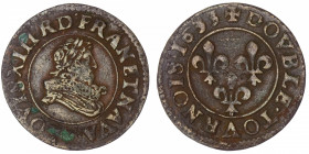 FRANCE / CAPÉTIENS
Louis XIII (1610-1643). Double tournois, buste juvénile au col fraisé 1633, D, Lyon.
G.9a ; Cuivre - 2,29 g - 20 mm - 6 h 
Varié...