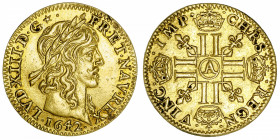 FRANCE / CAPÉTIENS
Louis XIII (1610-1643). Demi-louis d’or 1642, A, Paris.
Dy.1299 - G.57 - Fr.411 ; Or - 3,31 g - 20 mm - 6 h 
Anciennement nettoy...
