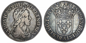 FRANCE / CAPÉTIENS
Louis XIII (1610-1643). Quart d’écu au buste drapé et cuirassé 1643, A, Paris (point).
G.48 ; Argent - 6,62 g - 27 mm - 6 h 
TB....