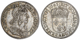 FRANCE / CAPÉTIENS
Louis XIII (1610-1643). Quart d’écu au buste drapé et cuirassé 1643, A, Paris (point).
G.48 ; Argent - 6,82 g - 27 mm - 6 h 
Bel...