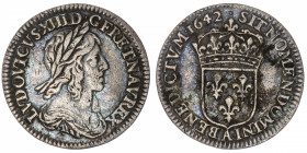 FRANCE / CAPÉTIENS
Louis XIII (1610-1643). Douzième d’écu au buste drapé et cuirassé 1642, A, Paris (point).
G.46 ; Argent - 2,22 g - 20 mm - 6 h 
...