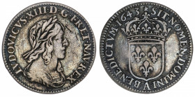 FRANCE / CAPÉTIENS
Louis XIII (1610-1643). Douzième d’écu au buste drapé et cuirassé 1643, A, Paris (rose).
G.46 ; Argent - 2,20 g - 20 mm - 6 h 
P...