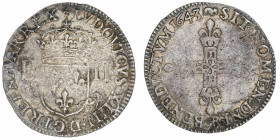 FRANCE / CAPÉTIENS
Louis XIV (1643-1715). Quart d’écu, titulature du côté de l’écu 1643, Arras.
G.136a ; Argent - 9,46 g - 29 mm - 1 h 
TB....