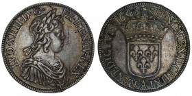 FRANCE / CAPÉTIENS
Louis XIV (1643-1715). Écu à la mèche courte 1643, A, Paris (rose).
G.201 ; Argent - 27,12 g - 40 mm - 6 h 
Agréable monnaie. Be...