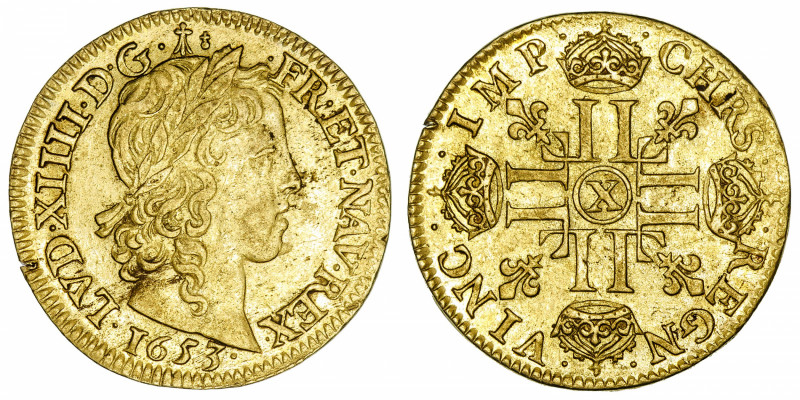 FRANCE / CAPÉTIENS
Louis XIV (1643-1715). Louis d’or à la mèche longue 1653, X,...