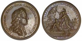 FRANCE / CAPÉTIENS
Louis XIV (1643-1715). Médaille pour la prise de Valence en Italie par Mauger 1656, Paris.
Divo.44 ; Bronze - 27,45 g - 41 mm - 1...