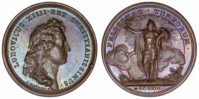 FRANCE / CAPÉTIENS
Louis XIV (1643-1715). Médaille pour la France florissante par Mauger 1663, Paris.
Divo.72 ; Bronze - 29,35 g - 41 mm - 12 h 
Su...