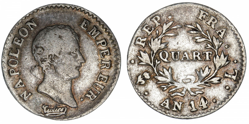 FRANCE
Premier Empire / Napoléon Ier (1804-1814). 1/4 franc, tête nue An 14, L,...