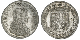 FRANCE / FÉODALES
Lorraine (duché de), Charles IV (1625-1675). Quart de teston 1665, Nancy.
Flon.55 ; Argent - 2,04 g - 19,5 mm - 6 h 
TB.