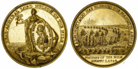 GRANDE-BRETAGNE
Georges III (1760-1820). Médaille Amiral Lord Nelson, victoire du Nil 1798.
Bronze doré - 40,18 g - 47 mm - 12 h 
Tranche gravée FR...