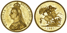 GRANDE-BRETAGNE
Victoria (1837-1901). 5 livres (5 pounds), jubilé de la Reine 1887, Londres.
S.3864 - KM.769 - Fr.390 ; Or - 39,91 g - 36 mm - 12 h ...