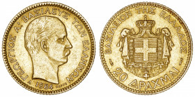 GRÈCE
Georges Ier (1863-1913). 20 drachmes Or 1884, A, Paris.
Fr.18 ; Or - 6,42 g - 21 mm - 6 h 
TTB à Superbe.