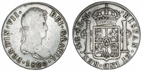 GUATEMALA
Ferdinand VII (1808-1833). 8 réaux 1820 M, NG, Guatemala.
KM.69 ; Argent - 26,43 g - 38 mm - 12 h 
B à TB.