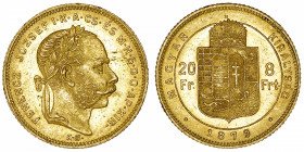 HONGRIE
François-Joseph Ier (1848-1916). 20 francs / 8 forint 1879, KB, Kremnitz.
Fr.242 ; Or - 6,44 g - 21 mm - 12 h 
TTB à Superbe.
